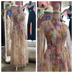 Vintage 60s Floral Print Maxi Dress White Purple Boho Hippy Shirt Dress XS